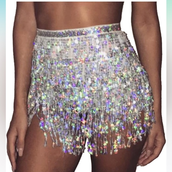 Amazon Dresses & Skirts - Silver Sequin Tassel Rave Mini Skirt